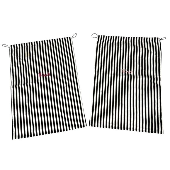 Henri Bendel Laundry Bags Brown White Stripe Wash Wear Drawstring 16 x 24 2-PC - Picture 1 of 14